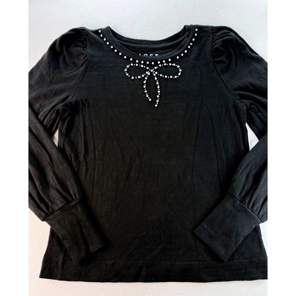 LOFT Top Black Rhinestone Bow Embellished Puff Sleeve Coquette Balletcore Size S